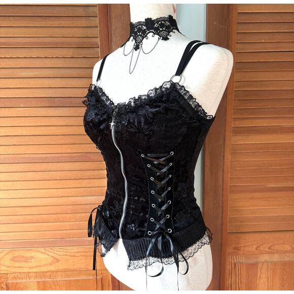 Gothic Lolita Victorian Vkei Vampire Black Rose Velvet Lace-up Cami Top - Picture 4 of 8